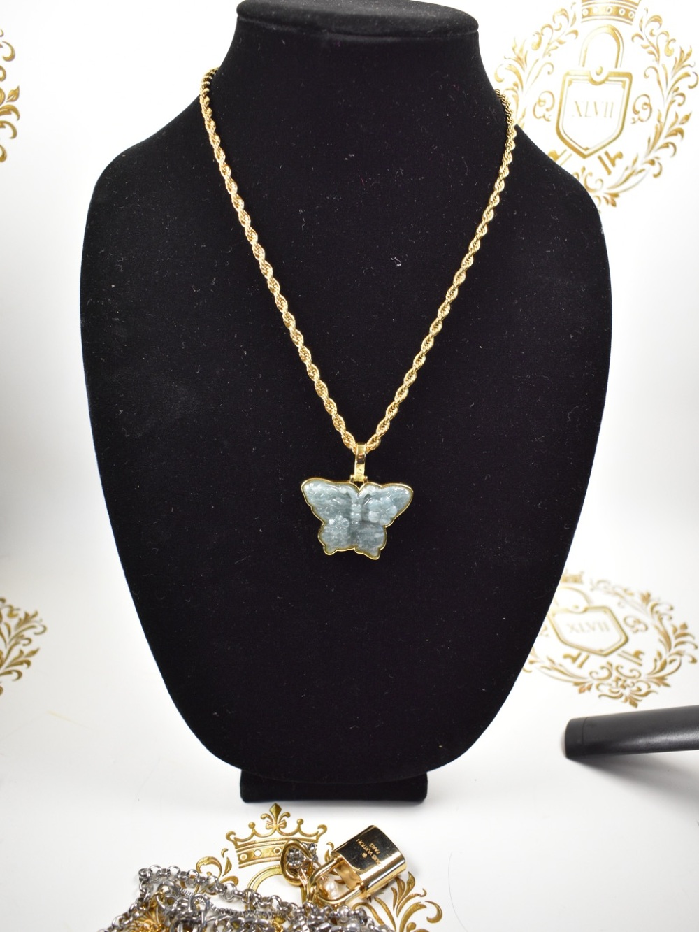 Jade Gold-Tone Rope Chain Necklace with Pale Blue Butterfly Pendant